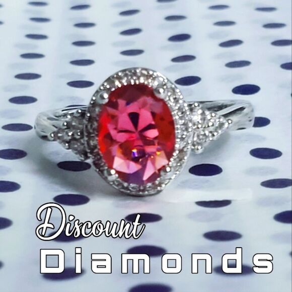 Oval Red Ruby Ring with Clusters of White Baguette Diamonds on 925 Silver - Picture 1 of 10